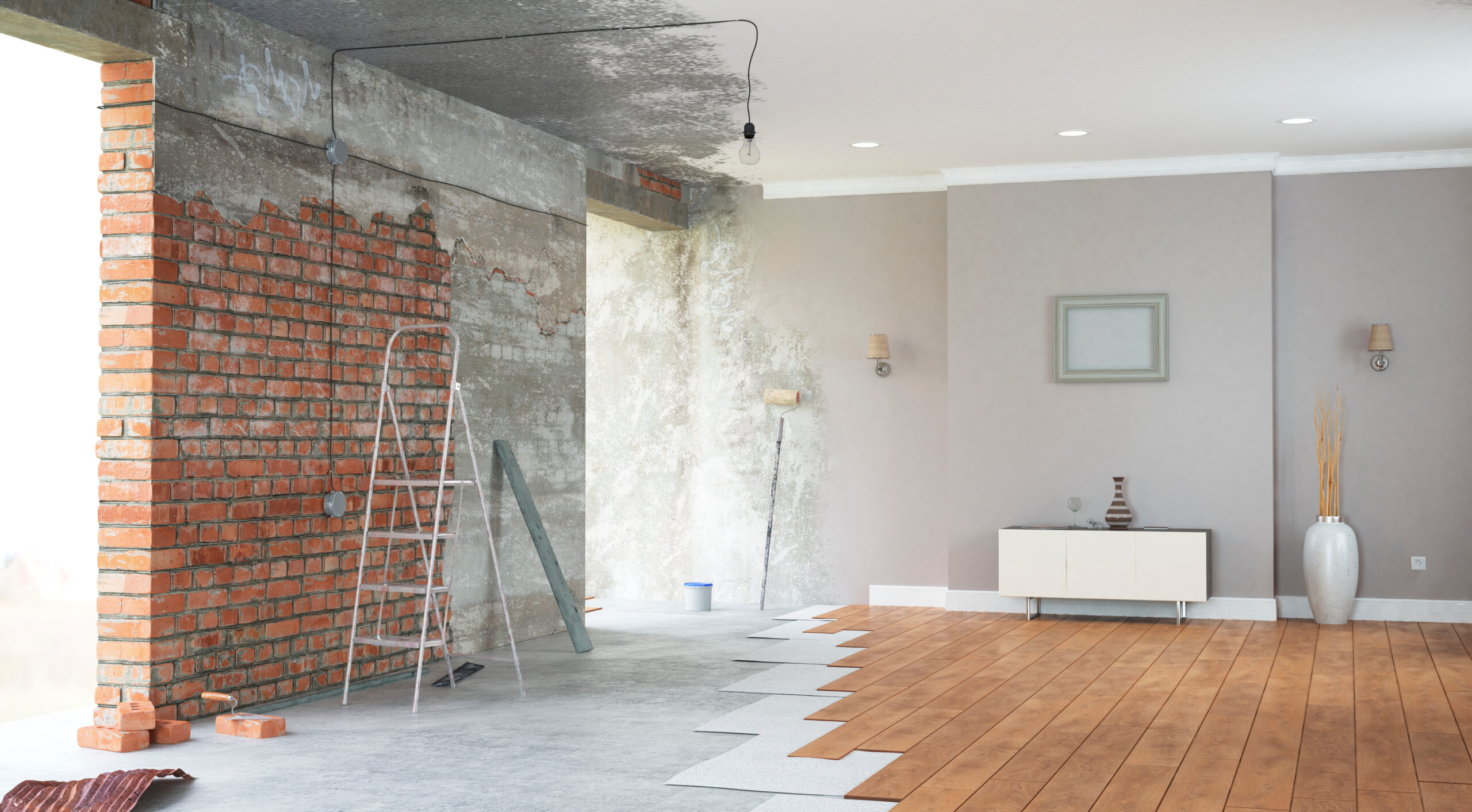 A newly renovated living room featuring modern furniture, fresh paint, and ample natural light.