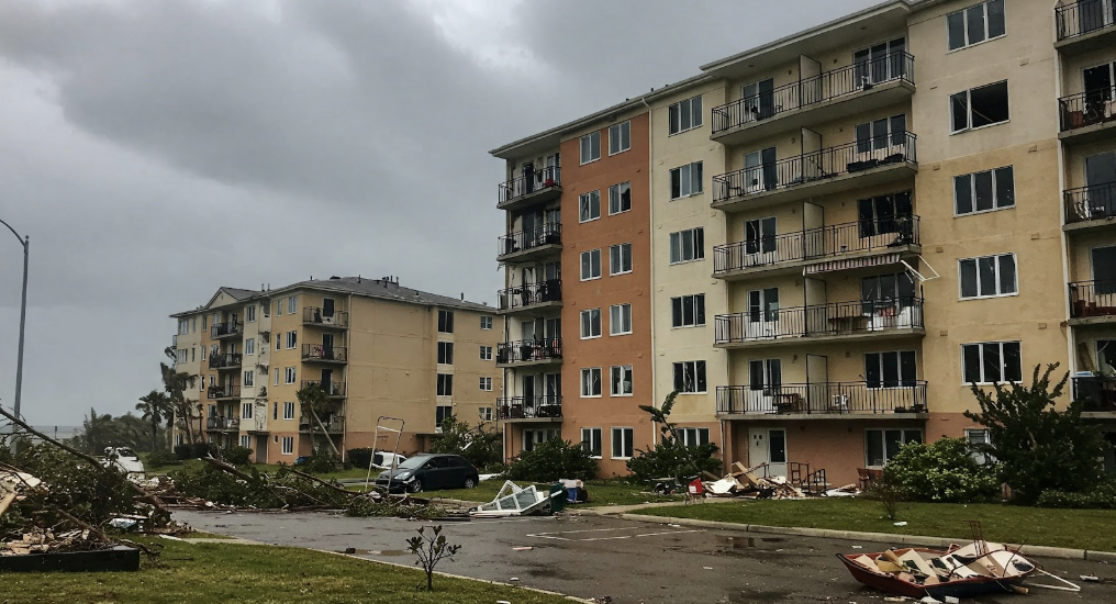 A building in need of commercial restoration services after a tropical storm.