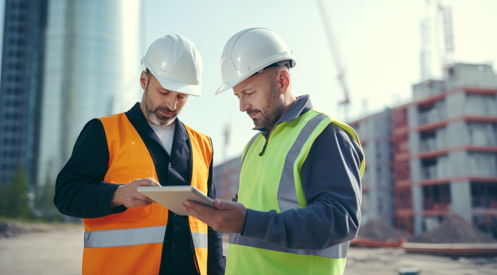 Image of construction workers discussing plans for commercial construction management services.