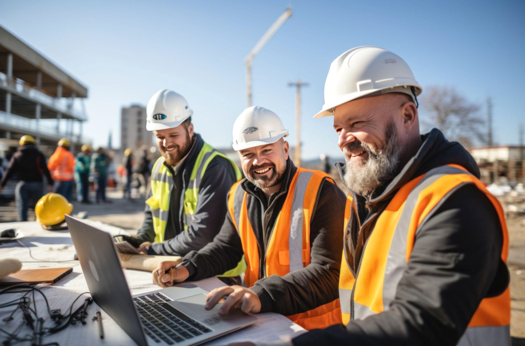 Image of construction workers discussing plans for construction management services.