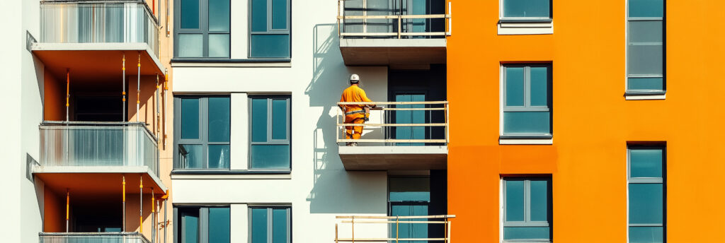 Exterior view of an apartment building featuring well-designed balconies, compliant with California safety laws.