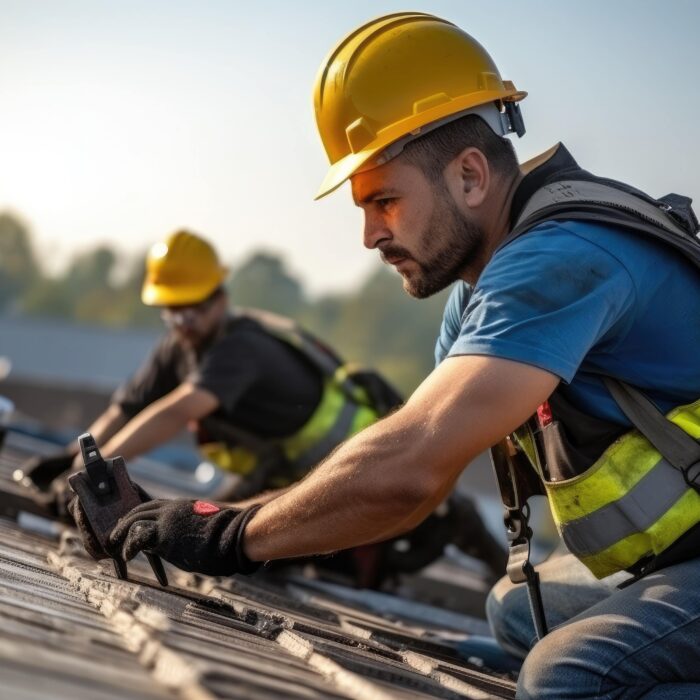 Roofers working on a new roof installation, installing shingles, and securing roofing materials on a multifamily building.