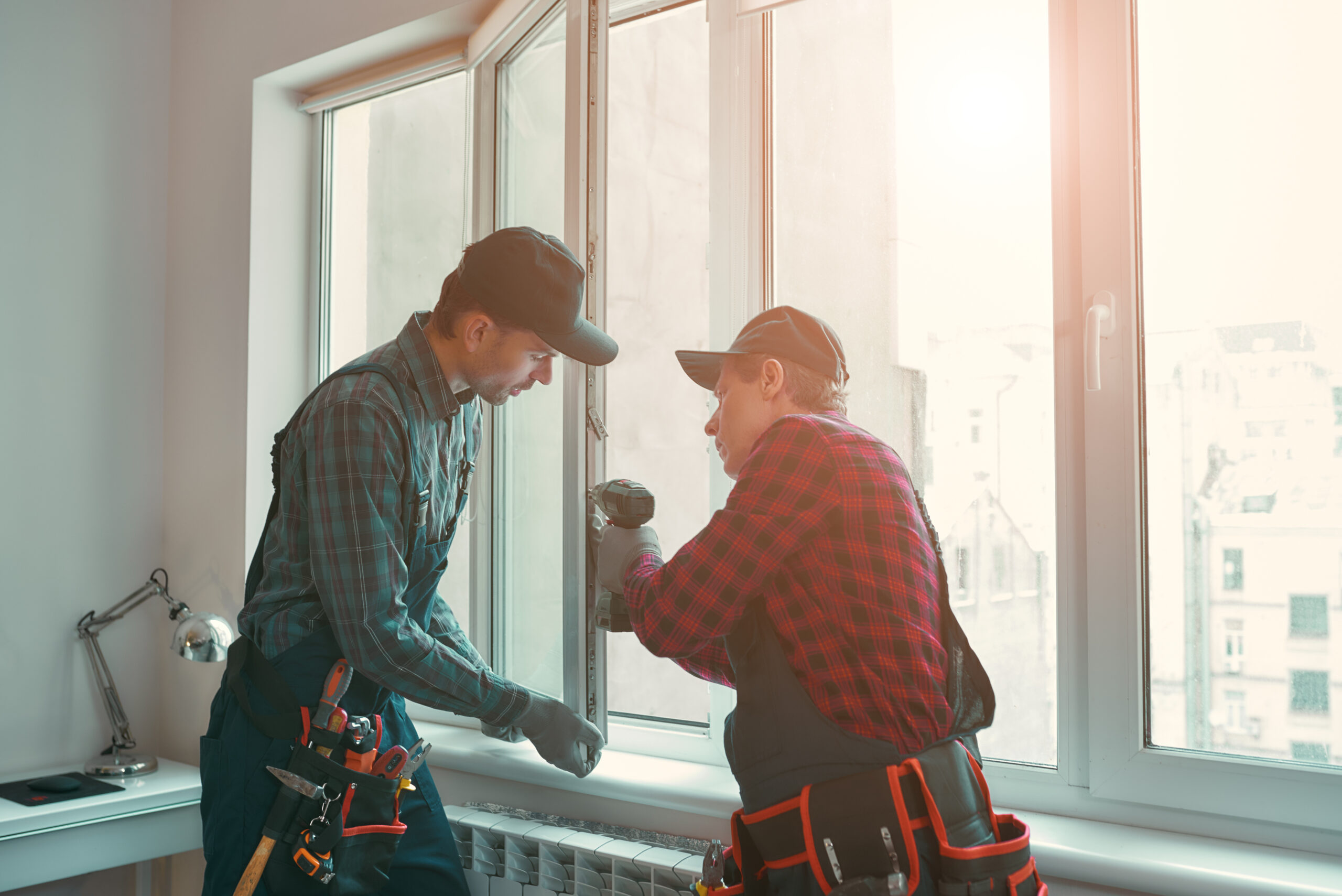 Two men are installing a window as part of comprehensive property maintenance.