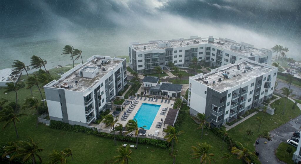 Exterior view of a multifamily complex, ready for hurricane season.