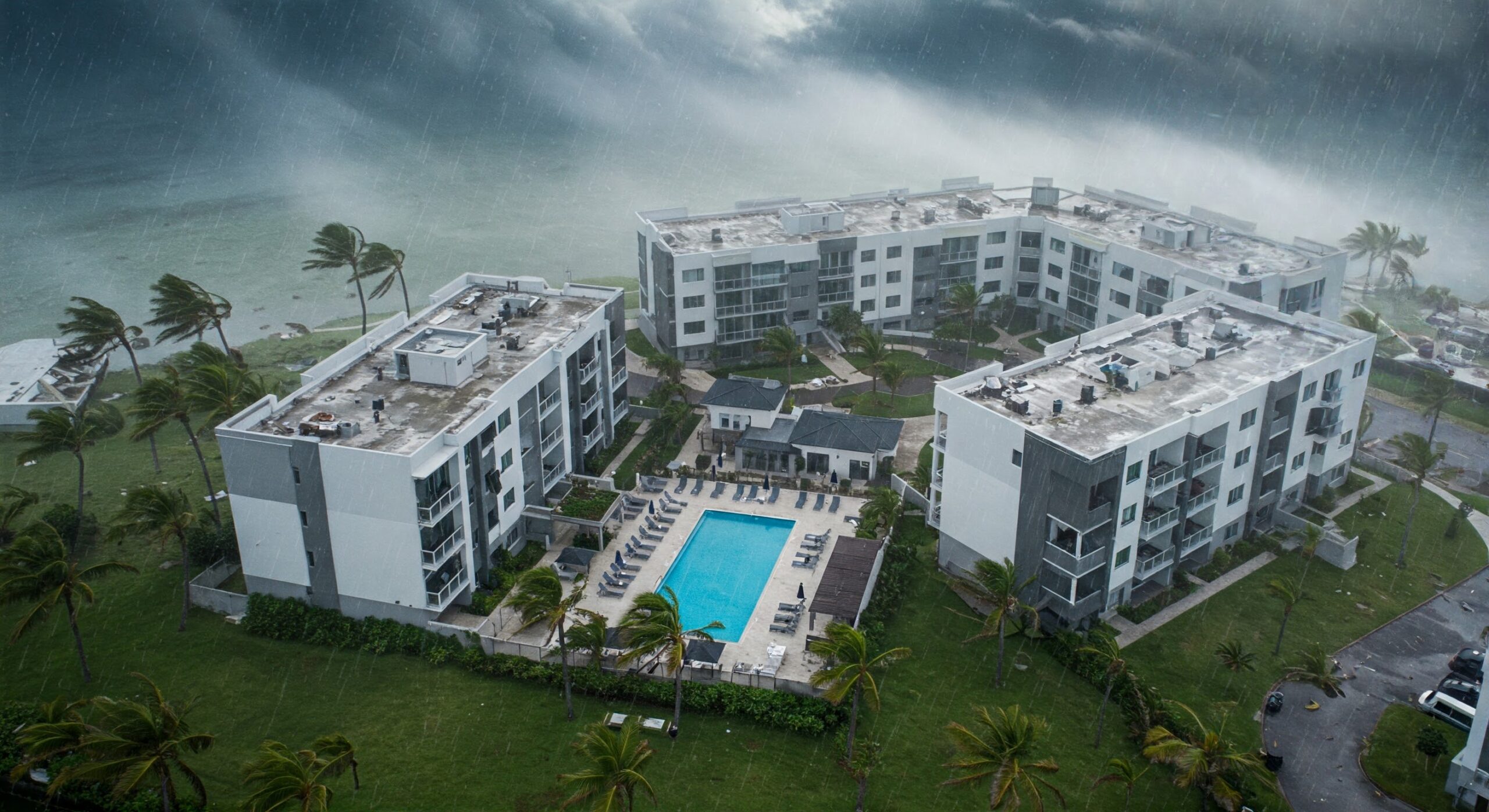 Exterior view of a multifamily complex, ready for hurricane season.