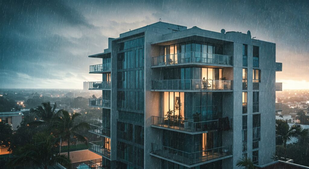 A multifamily apartment building surrounded by storm clouds, illustrating preparedness during hurricane season.