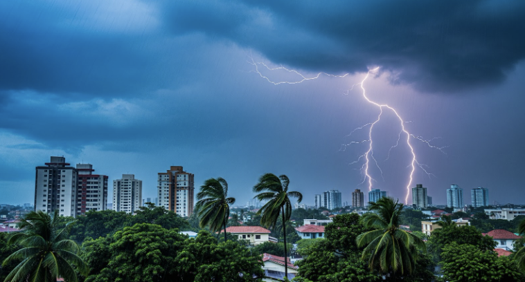 A storm at dusk over a city where CAMP Facility Services provides disaster restoration services.